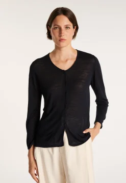 Montagut Vestes Et Cardigans-Cardigan à poches en lin flammé - Bao 05-Bleu marine