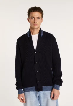 Montagut Pulls-Cardigan bicolore boutonné en laine - Loveo 05-Bleu marine