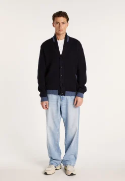 Montagut Pulls-Cardigan bicolore boutonné en laine - Loveo 05-Bleu marine