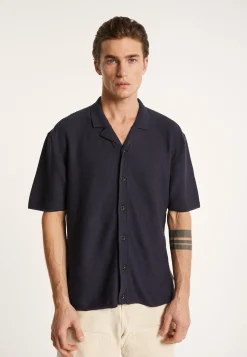 Montagut Chemises-Chemise manches courtes en coton et lin - Igino 05-Bleu marine