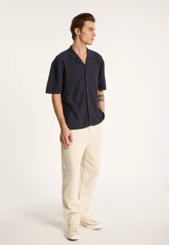 Montagut Chemises-Chemise manches courtes en coton et lin - Igino 05-Bleu marine