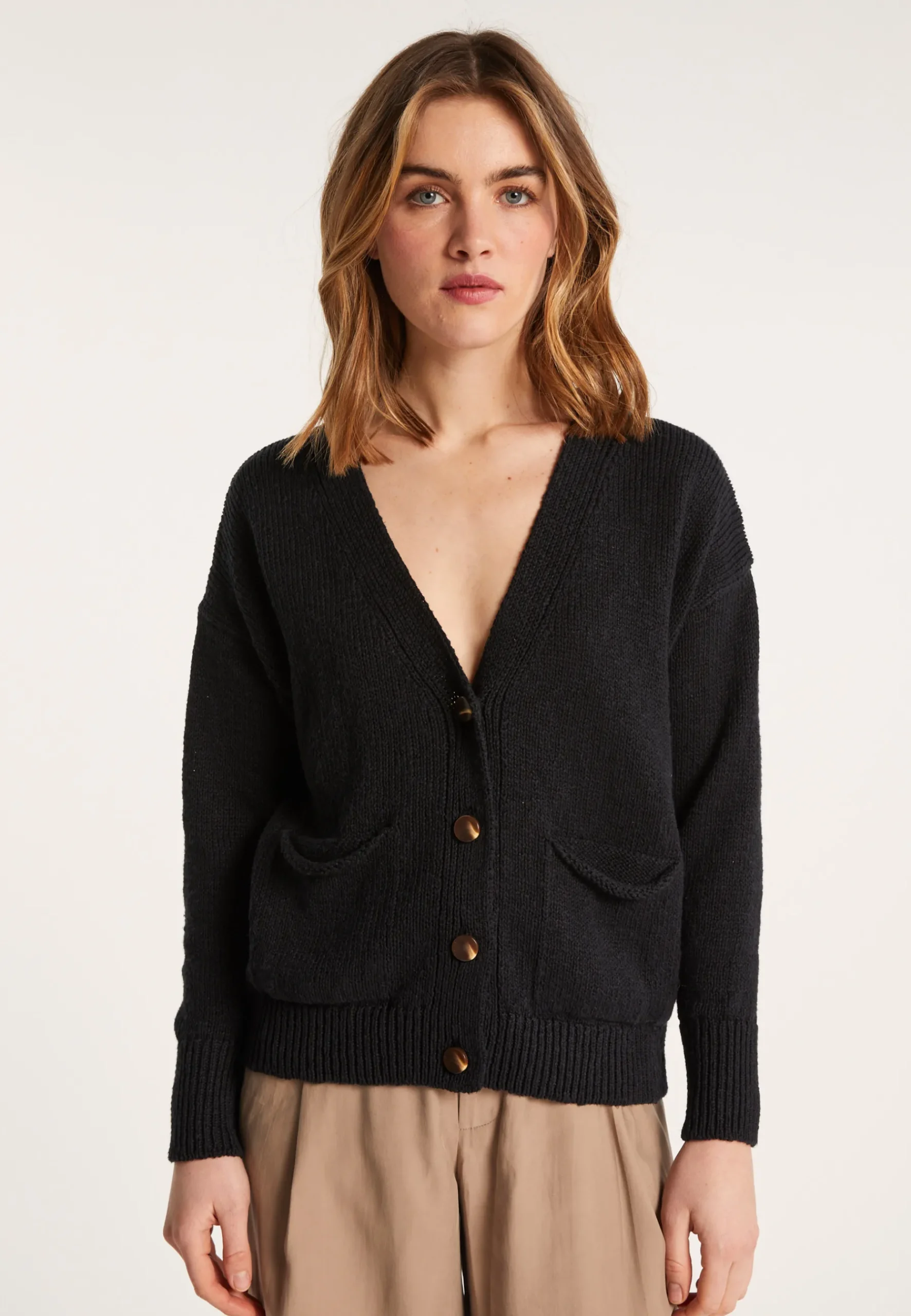 Montagut Vestes Et Cardigans-Gilet col V en coton et lin - Nais 05-Bleu marine