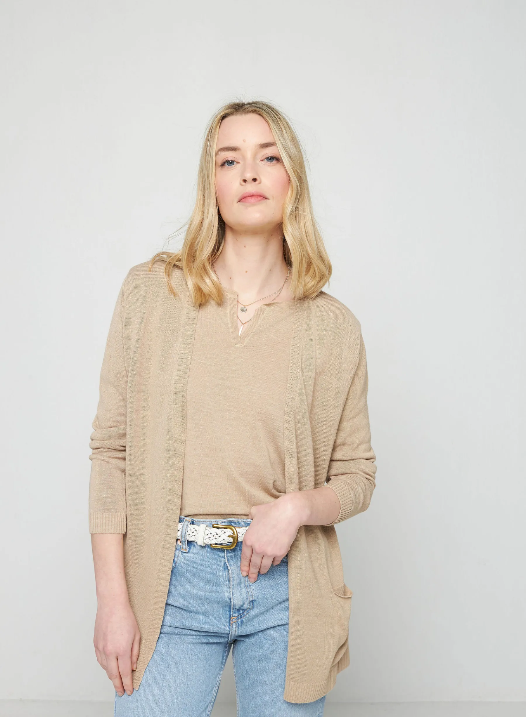 Montagut Vestes Et Cardigans-Gilet long avec poches en lin flammé - Tabata 12-Beige clair