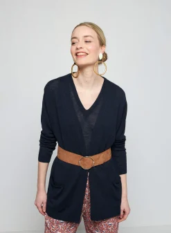 Montagut Vestes Et Cardigans-Gilet long avec poches en lin flammé - Tabata 05-Bleu marine