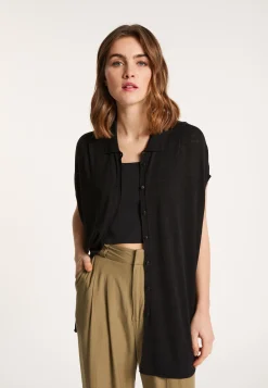 Montagut Vestes Et Cardigans-Gilet long en lin flammé - Nora 01-Noir