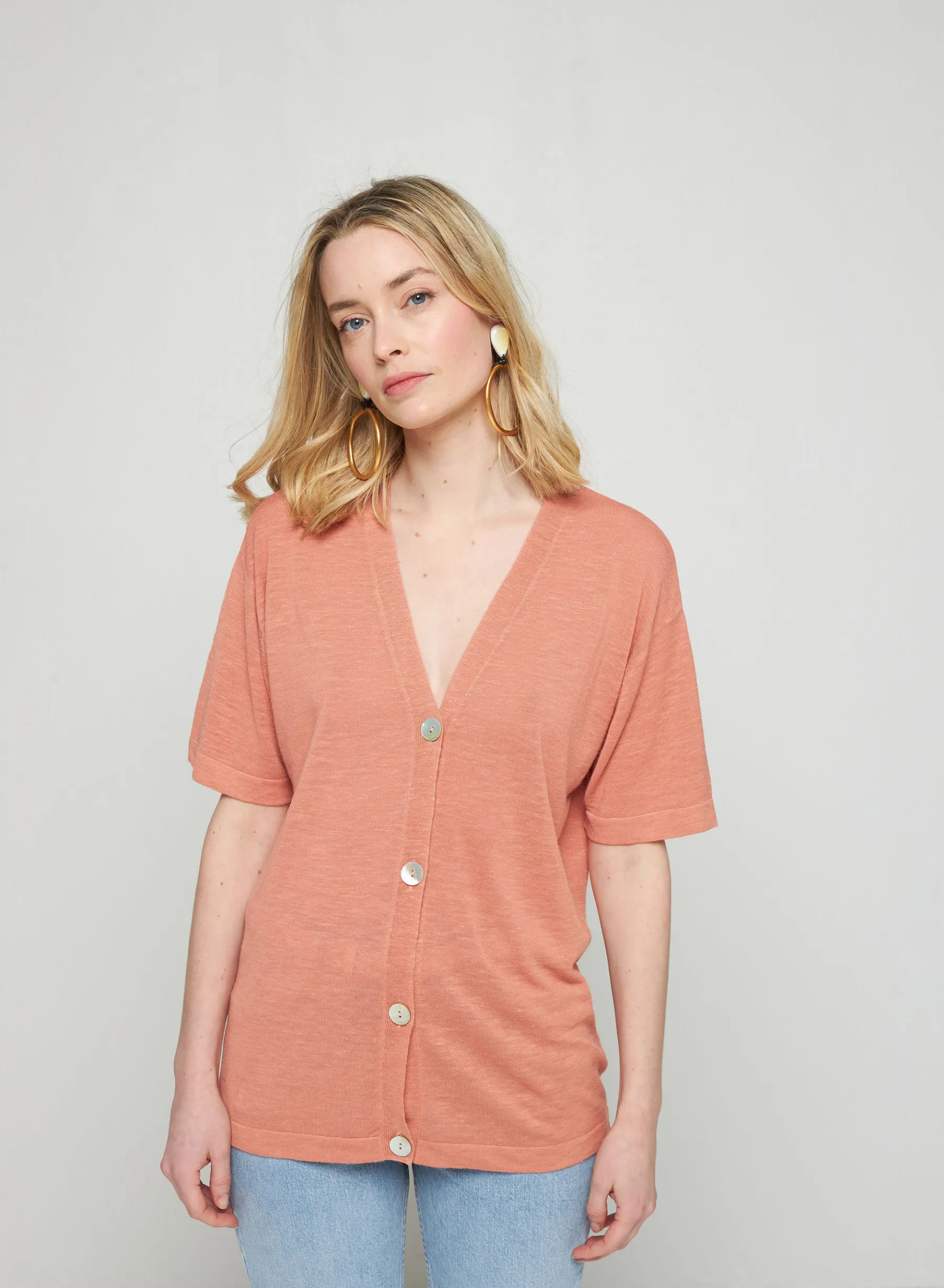 Montagut T-Shirts Et Débardeurs-Gilet manches courtes en lin flammé - Tanya 24-Rose clair