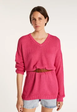 Montagut Pulls-Grand pull col v en grosse maille - Balata 91-Fuchsia