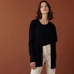 Montagut Vestes Et Cardigans-Long cardigan boutonné col V en laine mérinos - Alister 05-Bleu marine
