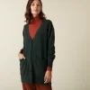 Montagut Les Incontournables-Long cardigan col V en cachemire à fentes et poches - Aden 83-Kaki