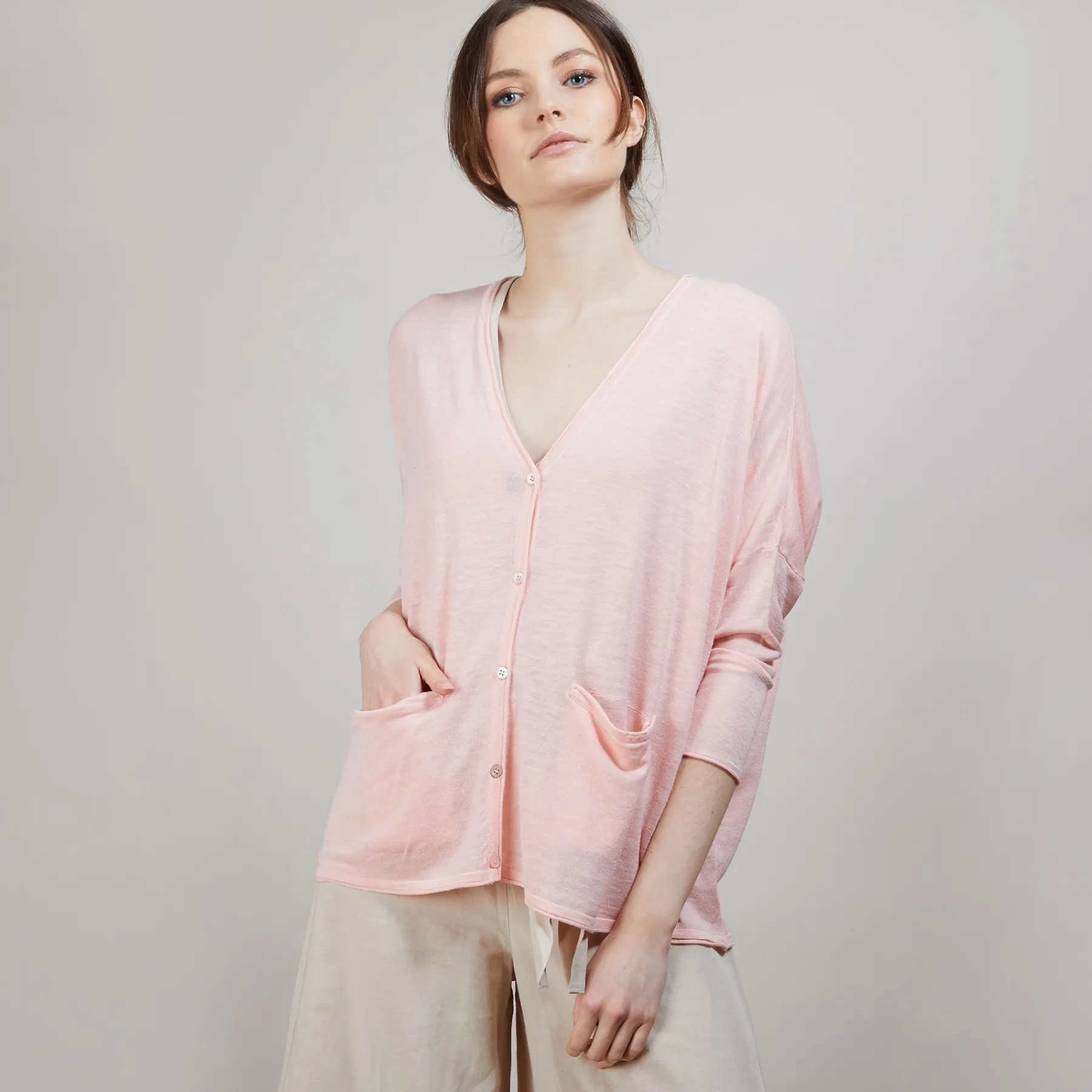 Montagut Vestes Et Cardigans-Long gilet en lin - Ballon 24-Rose clair
