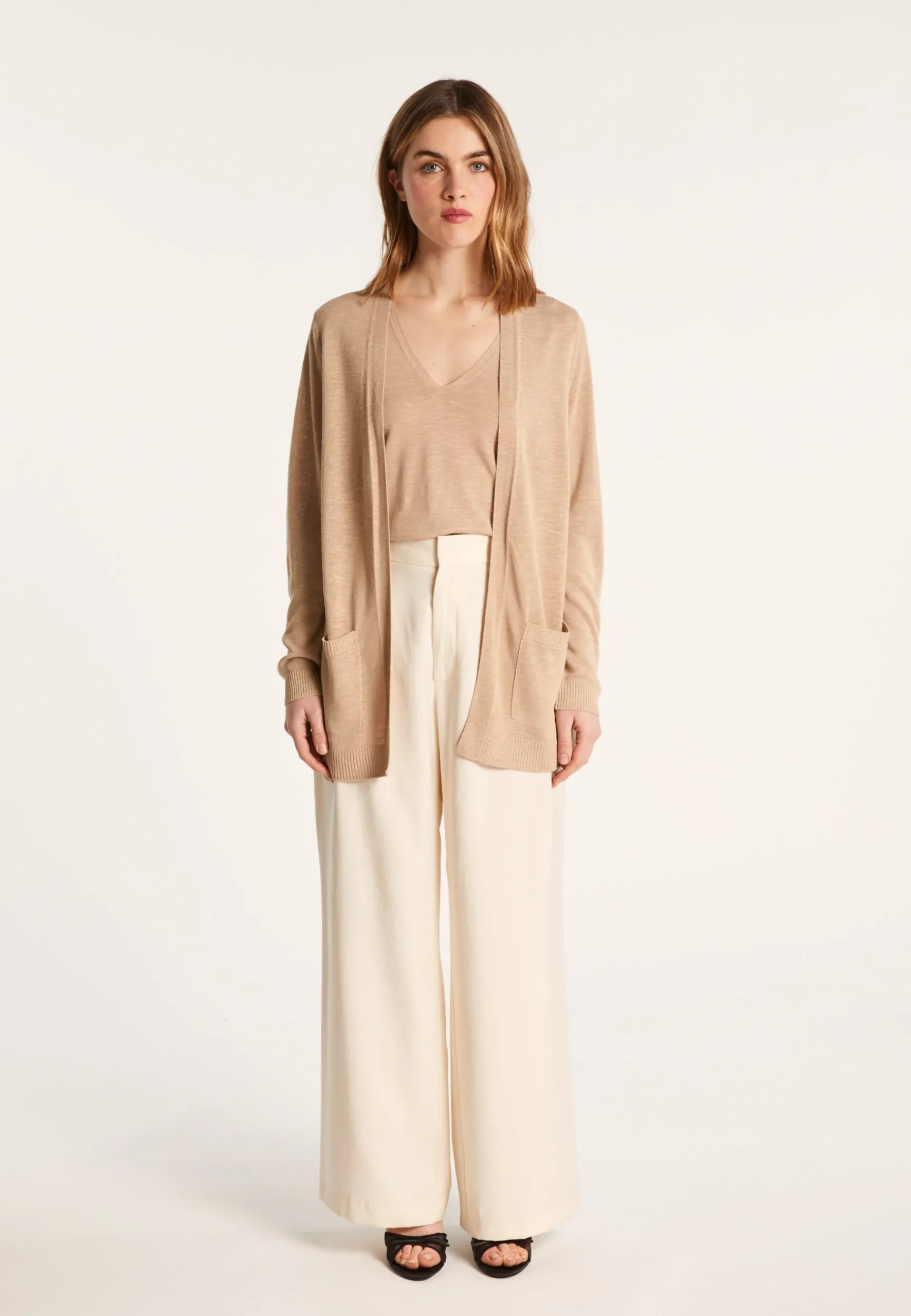 Montagut Vestes Et Cardigans-Long gilet en lin flammé - Naelle 13-Beige moyen