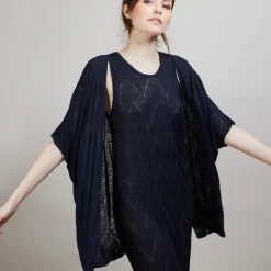 Montagut Vestes Et Cardigans-Long gilet en lin flammé - Cid 05-Bleu marine