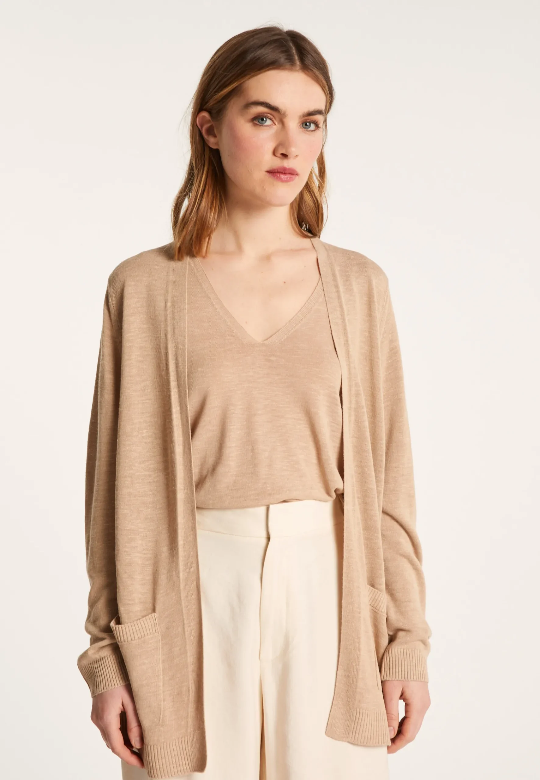 Montagut Vestes Et Cardigans-Long gilet en lin flammé - Naelle 13-Beige moyen