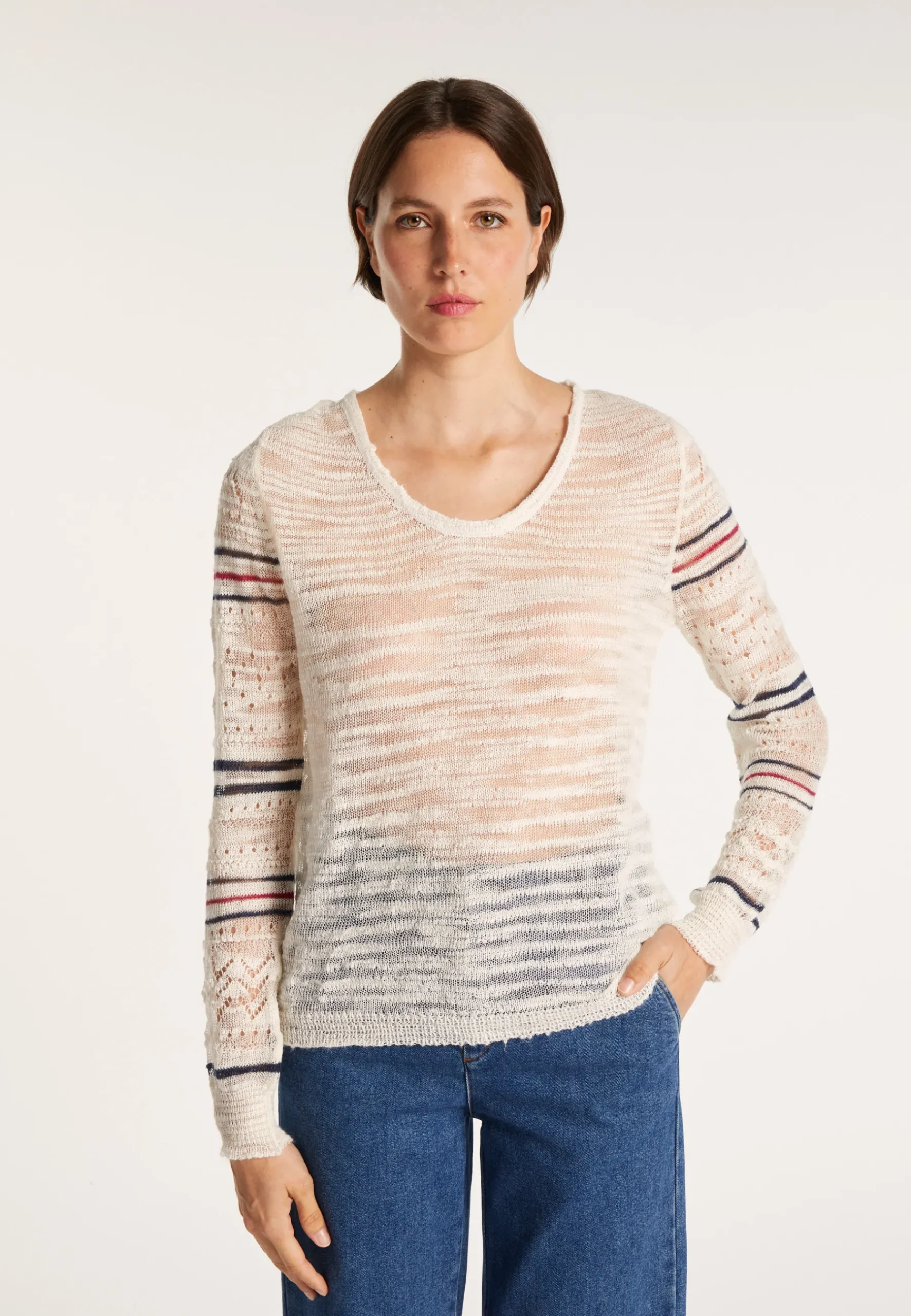 Montagut Pulls-Pull à rayures en maille crochet - Janis 02-Blanc