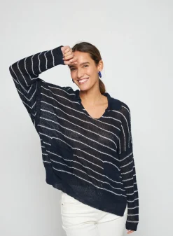 Montagut Pulls-Pull ample col polo en lin - Tiara 05-Bleu marine