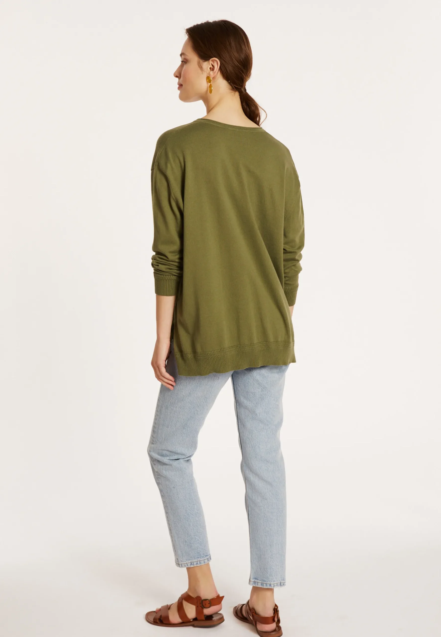 Montagut Pulls-Pull ample col V en coton - Meve 83-Kaki