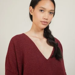 Montagut Les Incontournables-Pull ample col v en laine et soie - Baba 51-Bordeaux