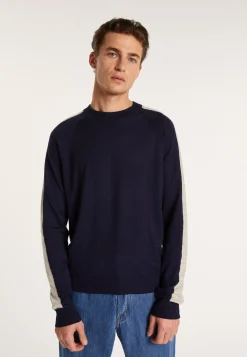 Montagut Pulls-Pull bicolore col rond en lin cachemire - Perry 05-Bleu marine