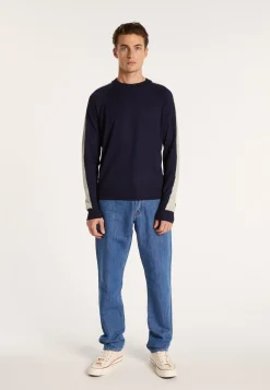 Montagut Pulls-Pull bicolore col rond en lin cachemire - Perry 05-Bleu marine