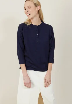 Montagut Pulls-Pull col boutonné en lin cachemire - Naza 05-Bleu marine