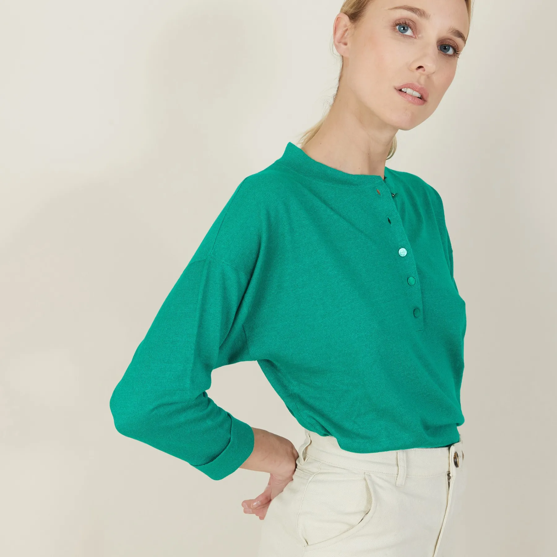 Montagut Pulls-Pull col boutonné en lin cachemire - Naza 22-Vert moyen