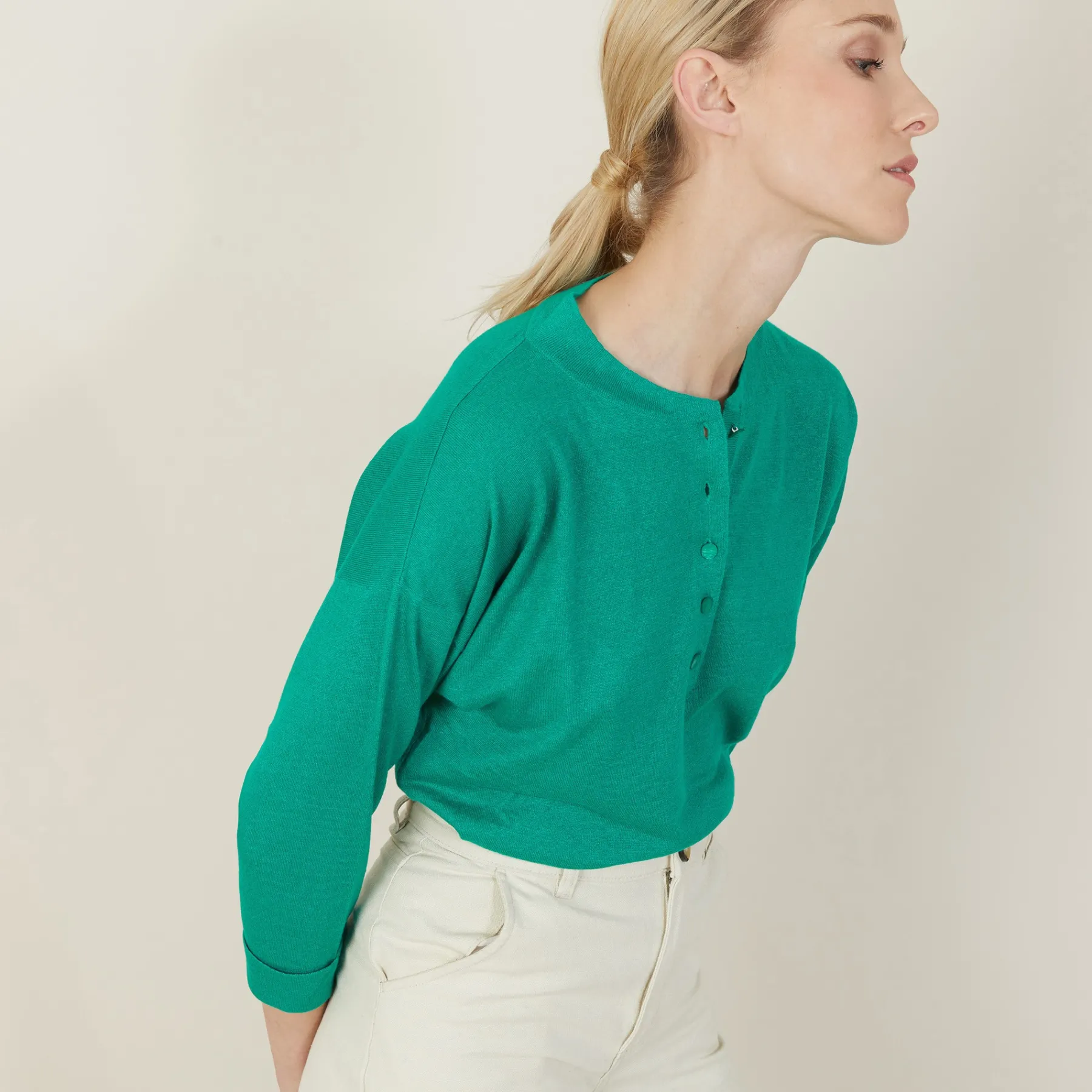 Montagut Pulls-Pull col boutonné en lin cachemire - Naza 22-Vert moyen