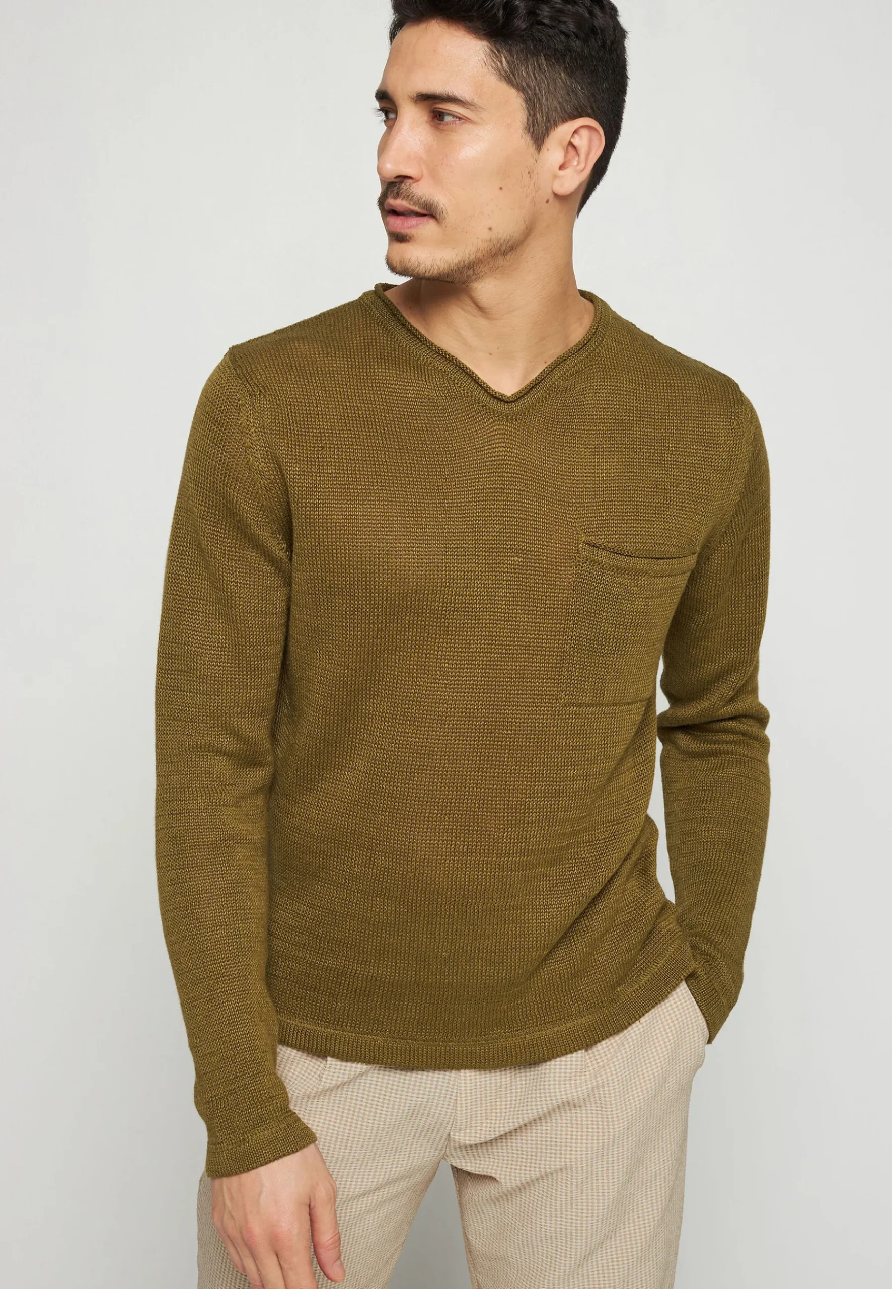 Montagut Pulls-Pull col col tunisien en lin - Rubin 83-Kaki