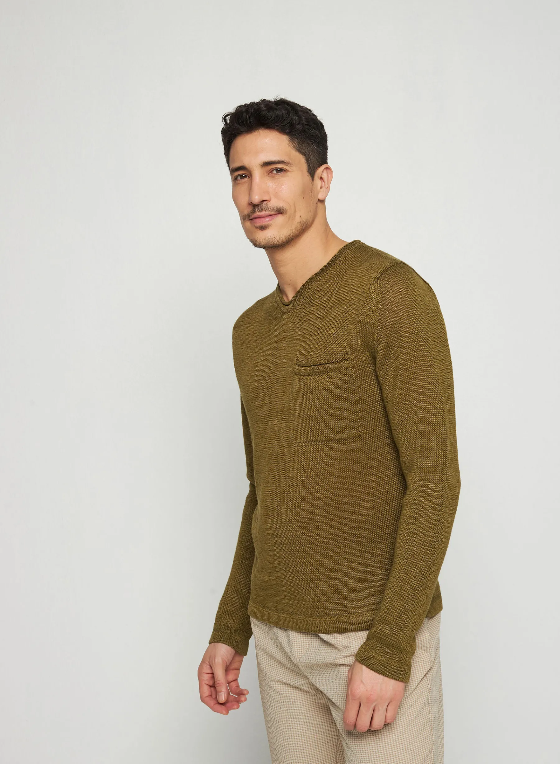 Montagut Pulls-Pull col col tunisien en lin - Rubin 83-Kaki