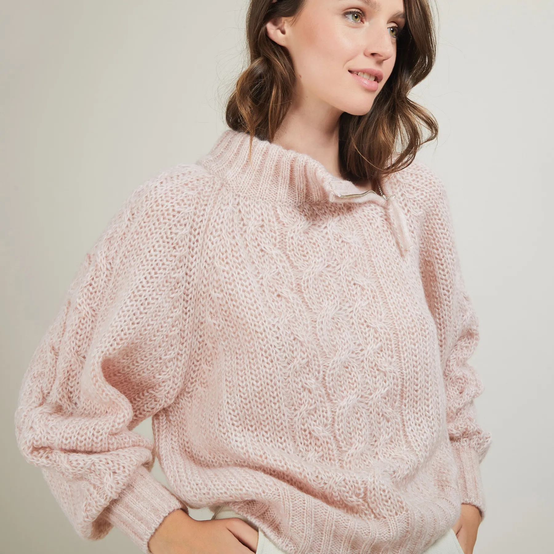 Montagut Pulls-Pull col montant zippé en mohair - Gilda 24-Rose clair
