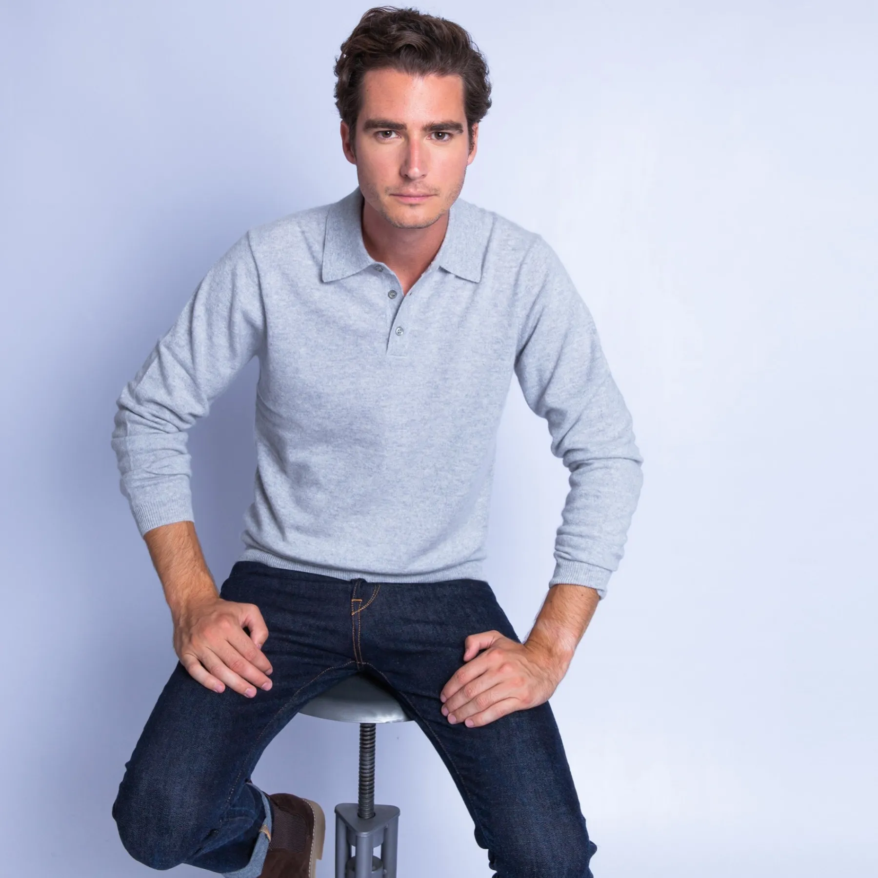 Montagut Les Incontournables-Pull col polo en cachemire - Franklin 11-Gris clair