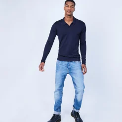 Montagut Pulls-Pull col polo en laine et soie - Lume 05-Bleu marine