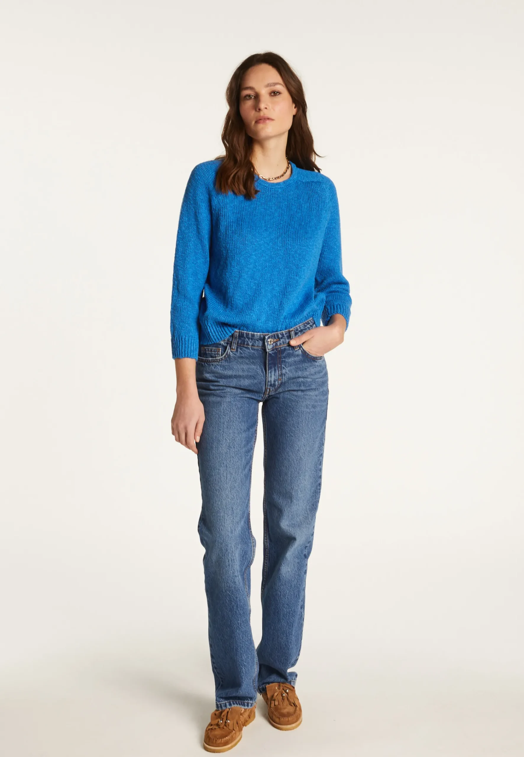 Montagut Pulls-Pull col rond en coton et lin - Nicky 06-Bleu moyen
