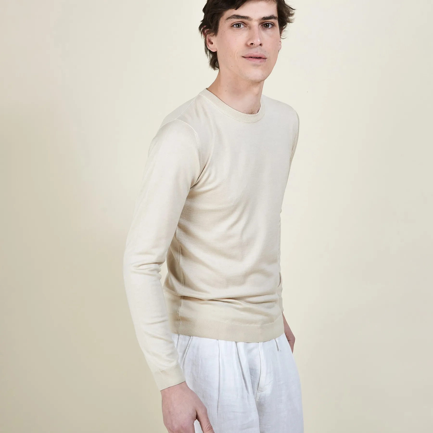 Montagut Pulls-Pull col rond en laine et soie - Barsam 11-Gris clair