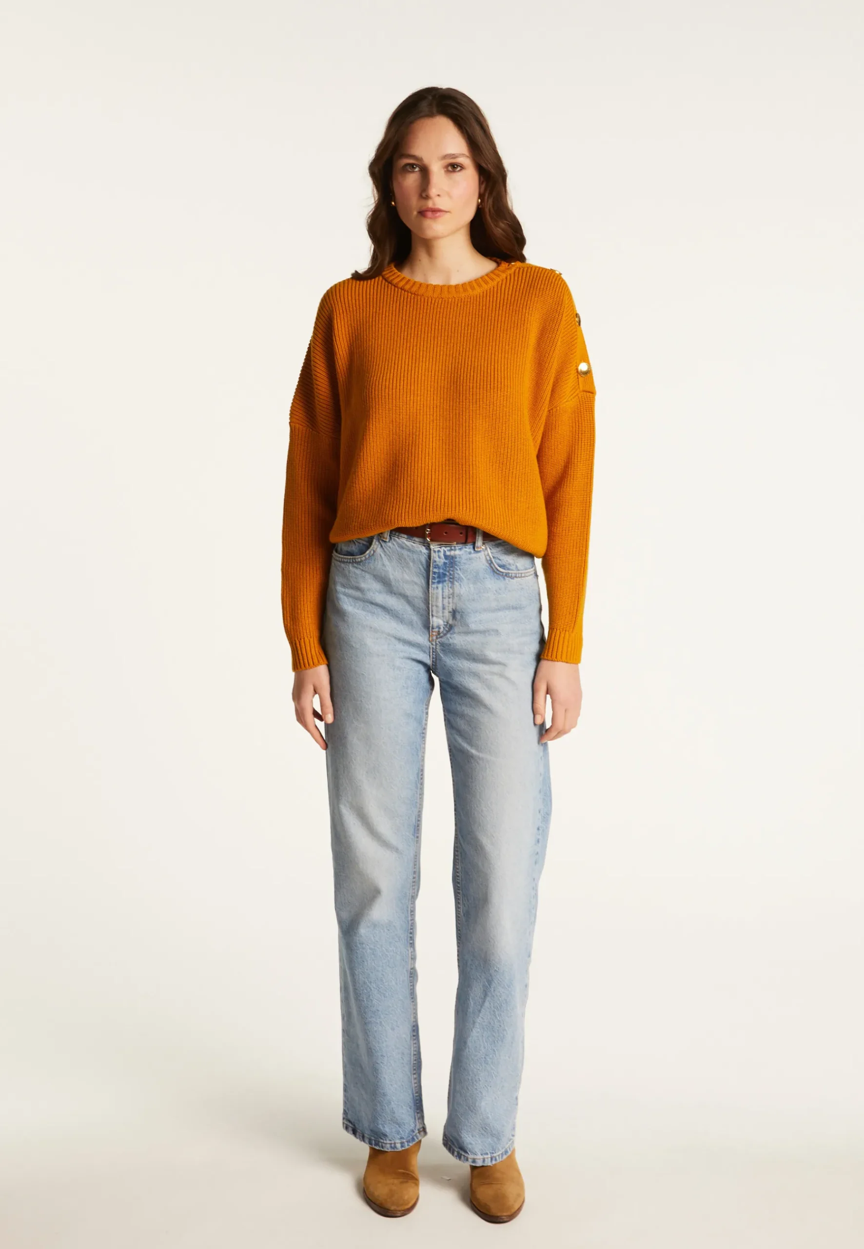Montagut Pulls-Pull col rond épaule boutonnée en laine mérinos - Gao 89-Moutarde