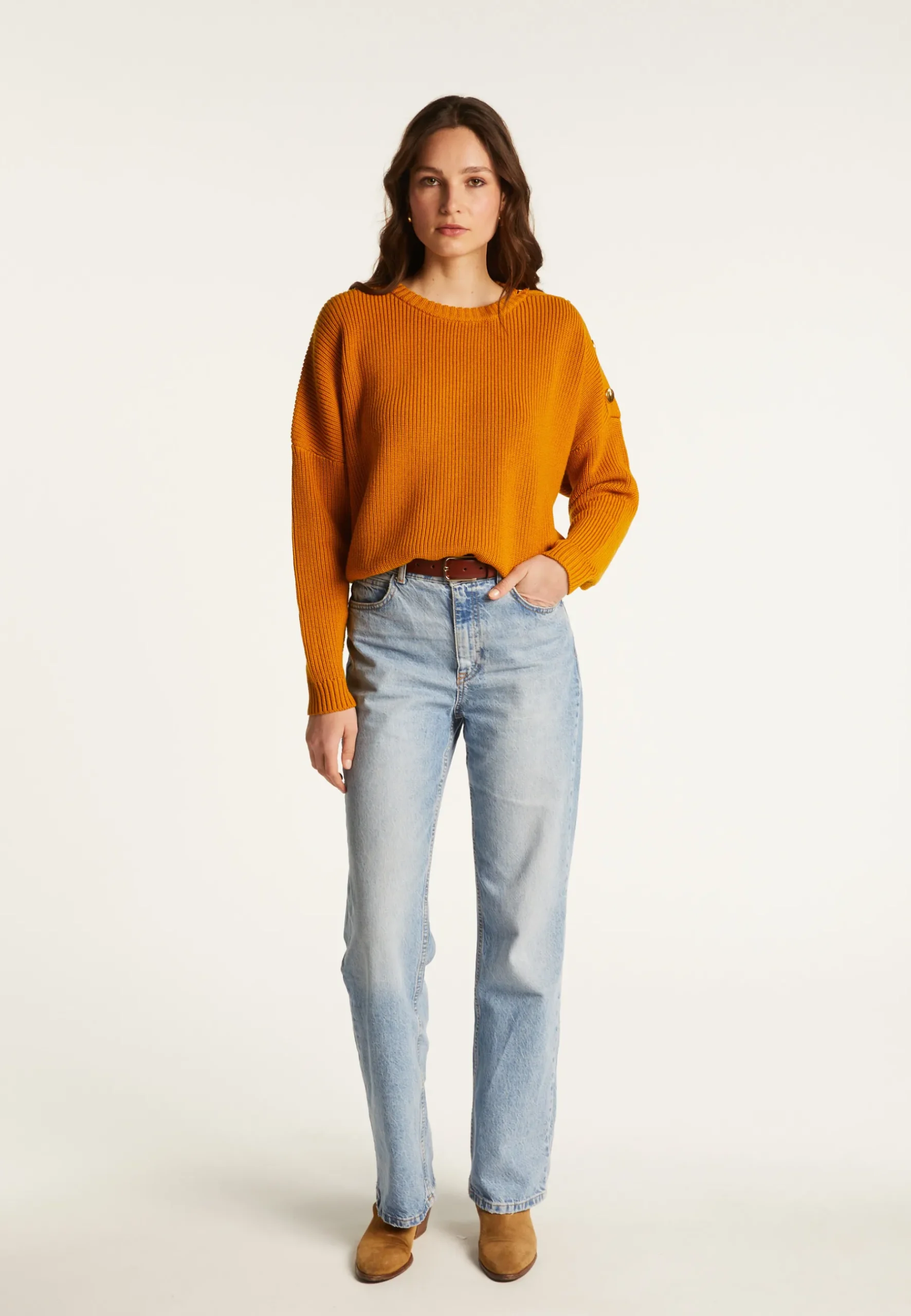 Montagut Pulls-Pull col rond épaule boutonnée en laine mérinos - Gao 89-Moutarde