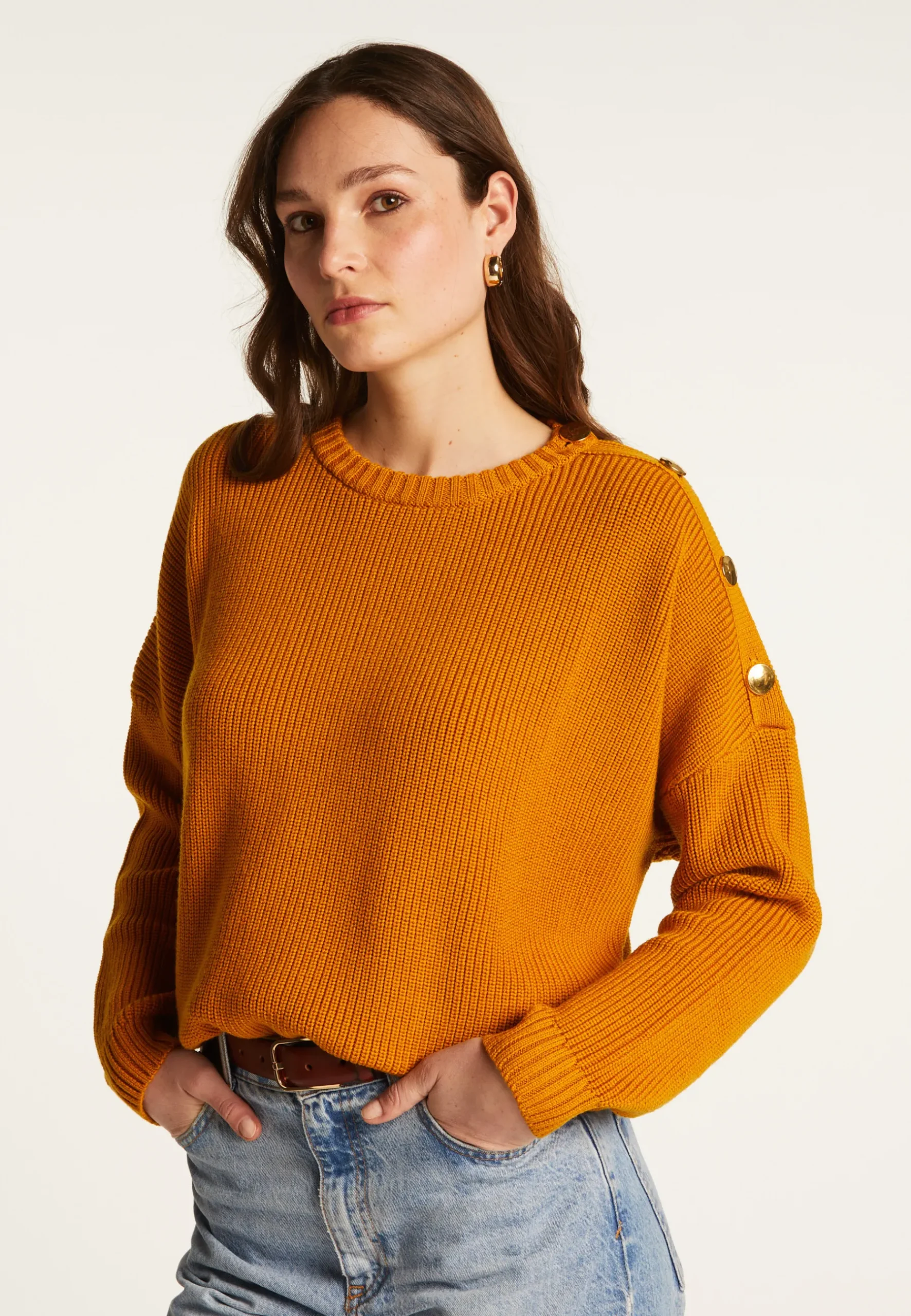 Montagut Pulls-Pull col rond épaule boutonnée en laine mérinos - Gao 89-Moutarde