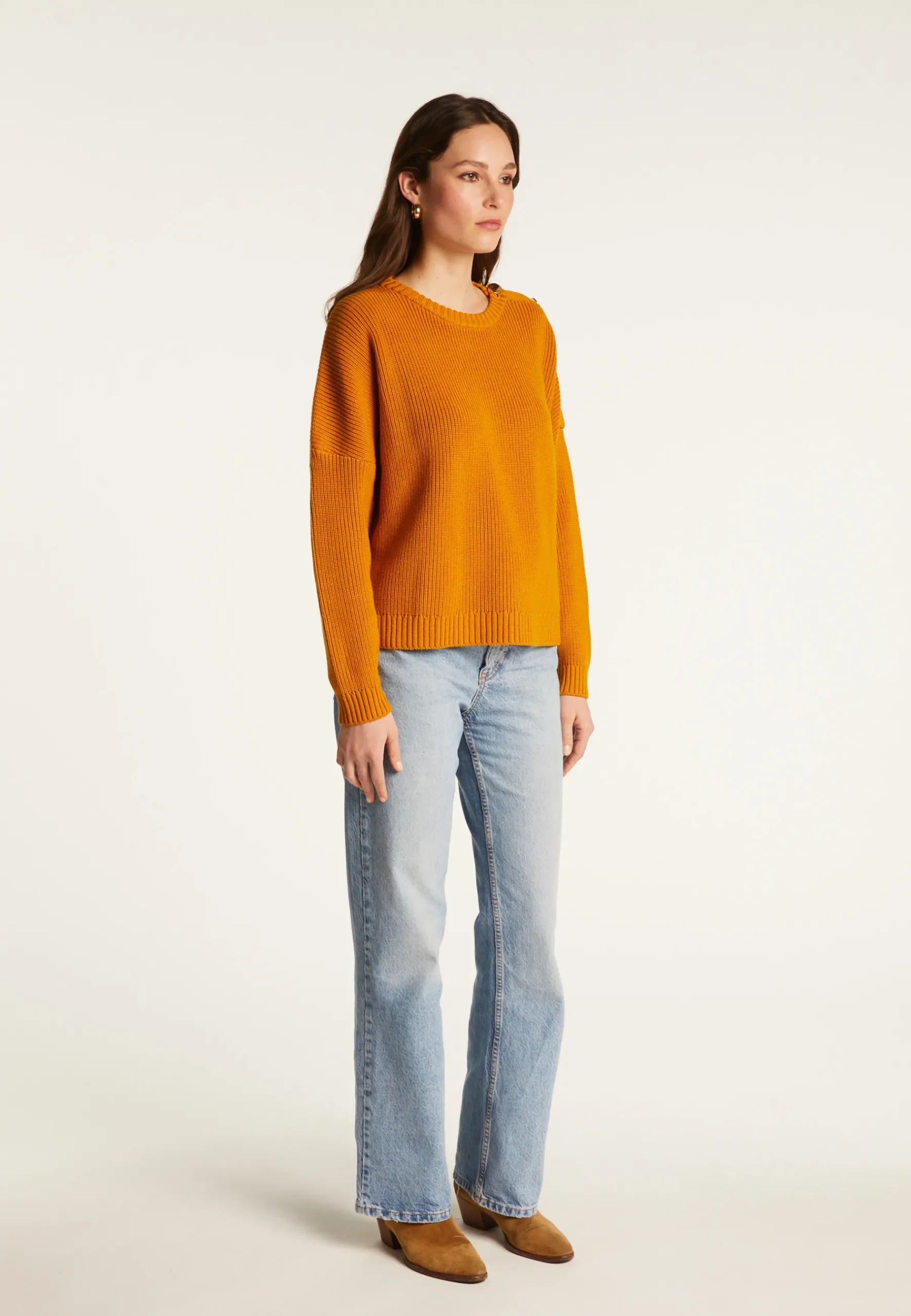Montagut Pulls-Pull col rond épaule boutonnée en laine mérinos - Gao 89-Moutarde
