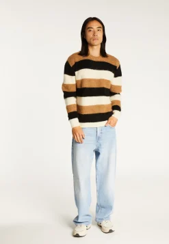 Montagut Pulls-Pull col rond rayé tricolore en mohair - Fox 88-Camel