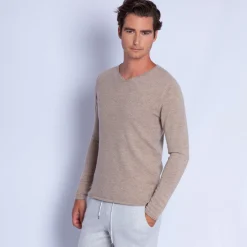 Montagut Pulls-Pull col tunisien en cachemire - Olivier 13-Beige moyen