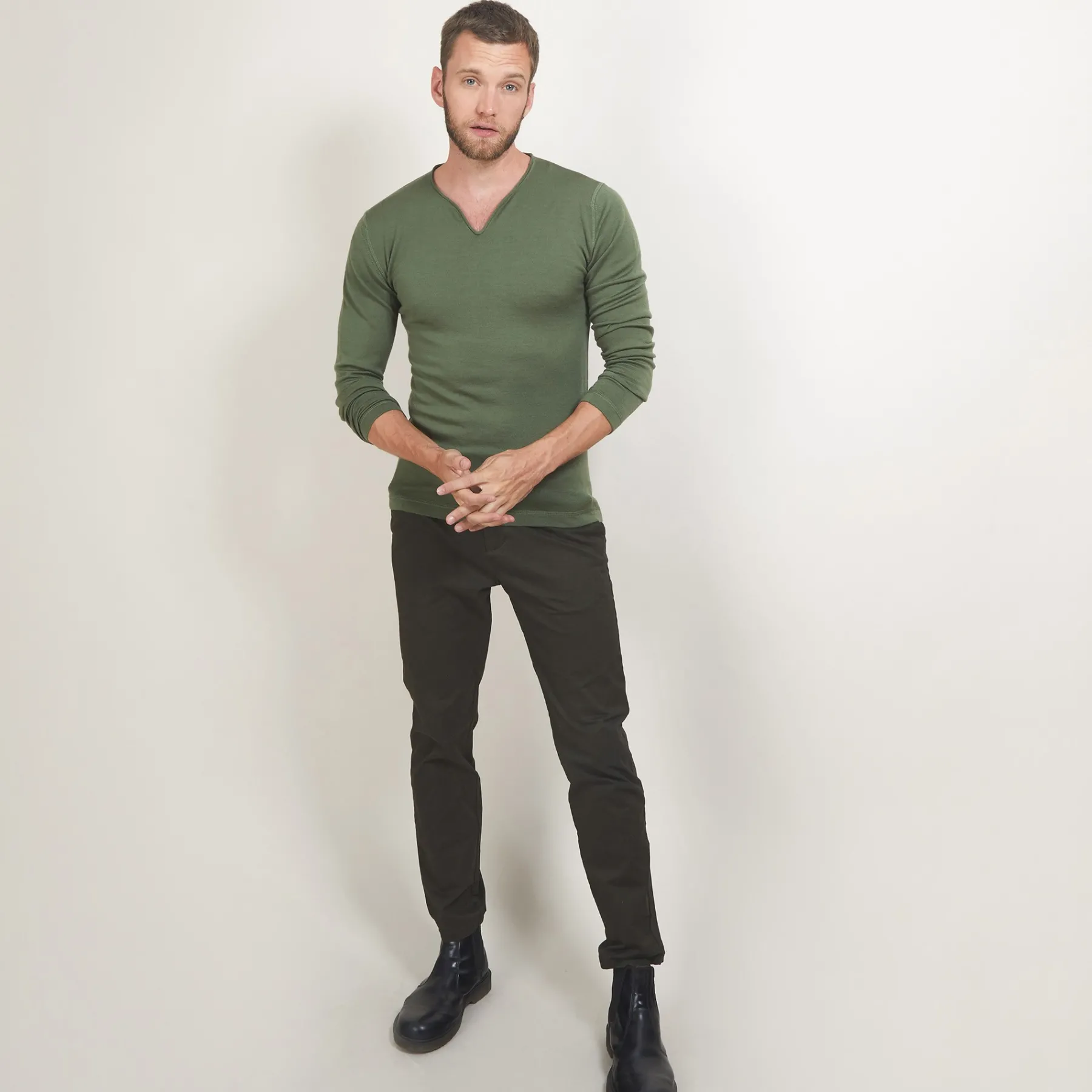 Montagut Pulls-Pull col tunisien en laine - Bono 83-Kaki