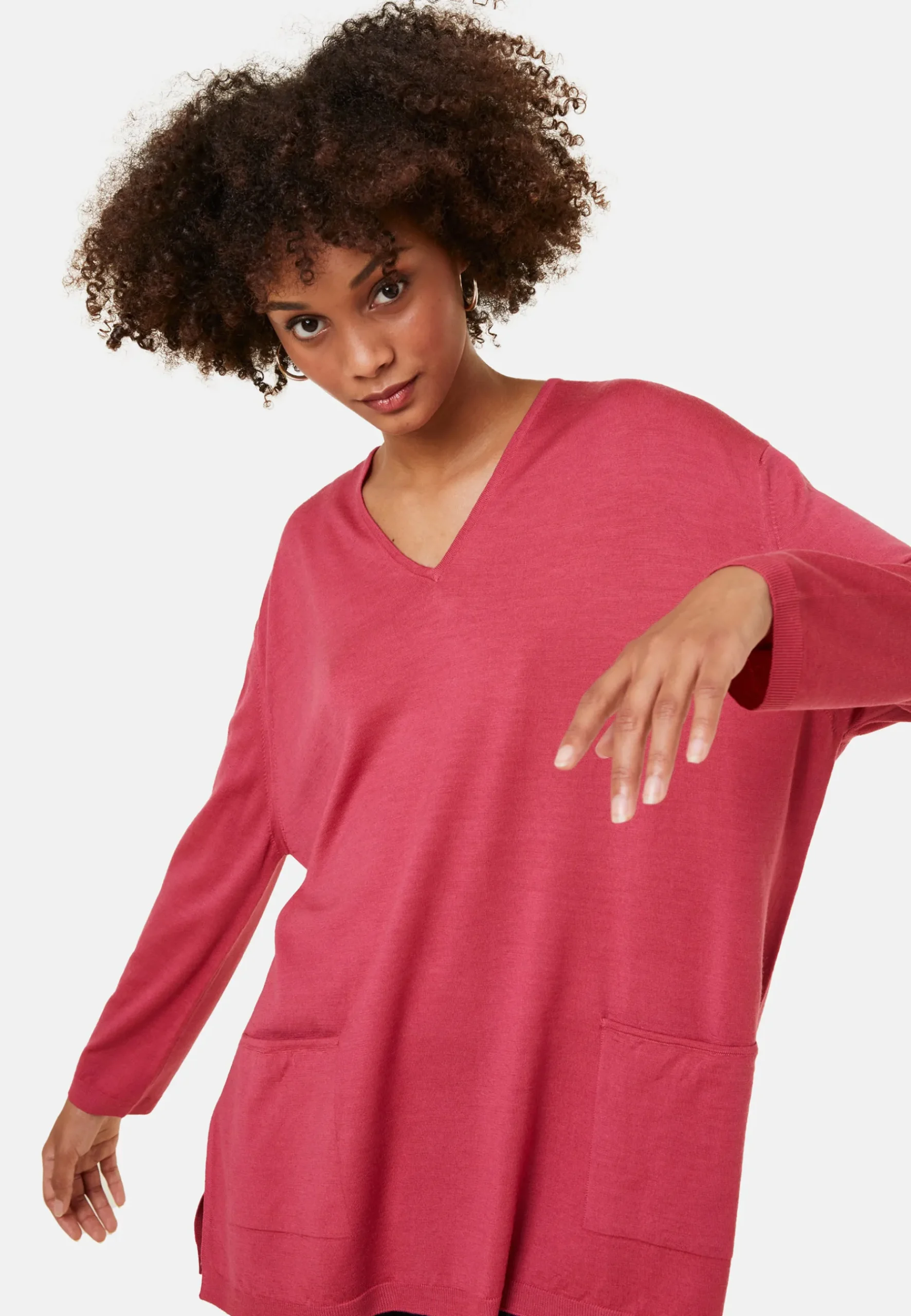 Montagut Les Incontournables-Pull col V à poches laine mérinos - Albertine 26-Rose foncé