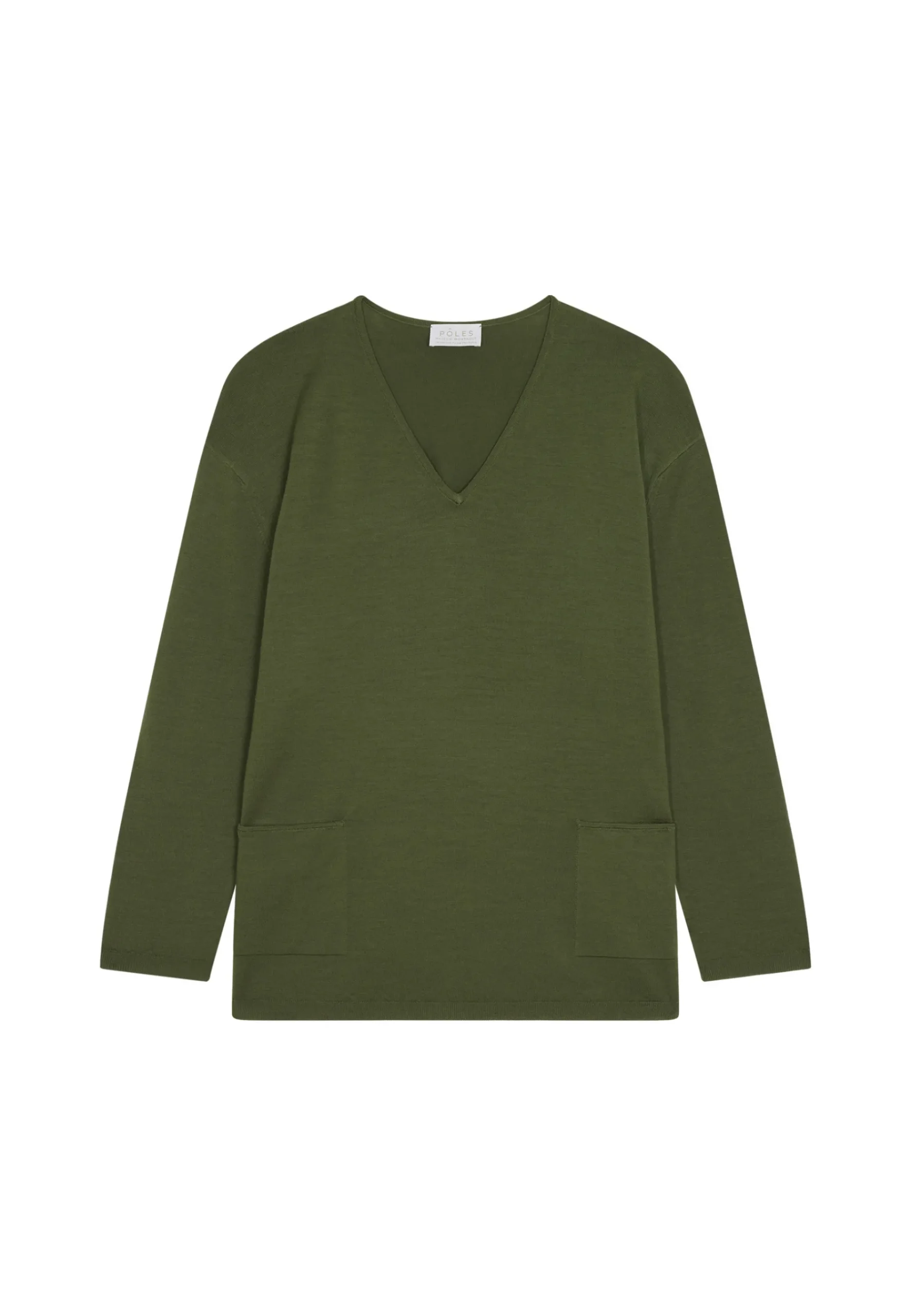 Montagut Les Incontournables-Pull col V à poches laine mérinos - Albertine 83-Kaki
