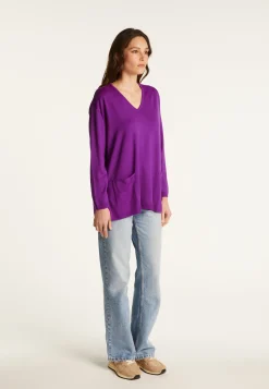 Montagut Les Incontournables-Pull col V à poches laine mérinos - Albertine 17-Violet