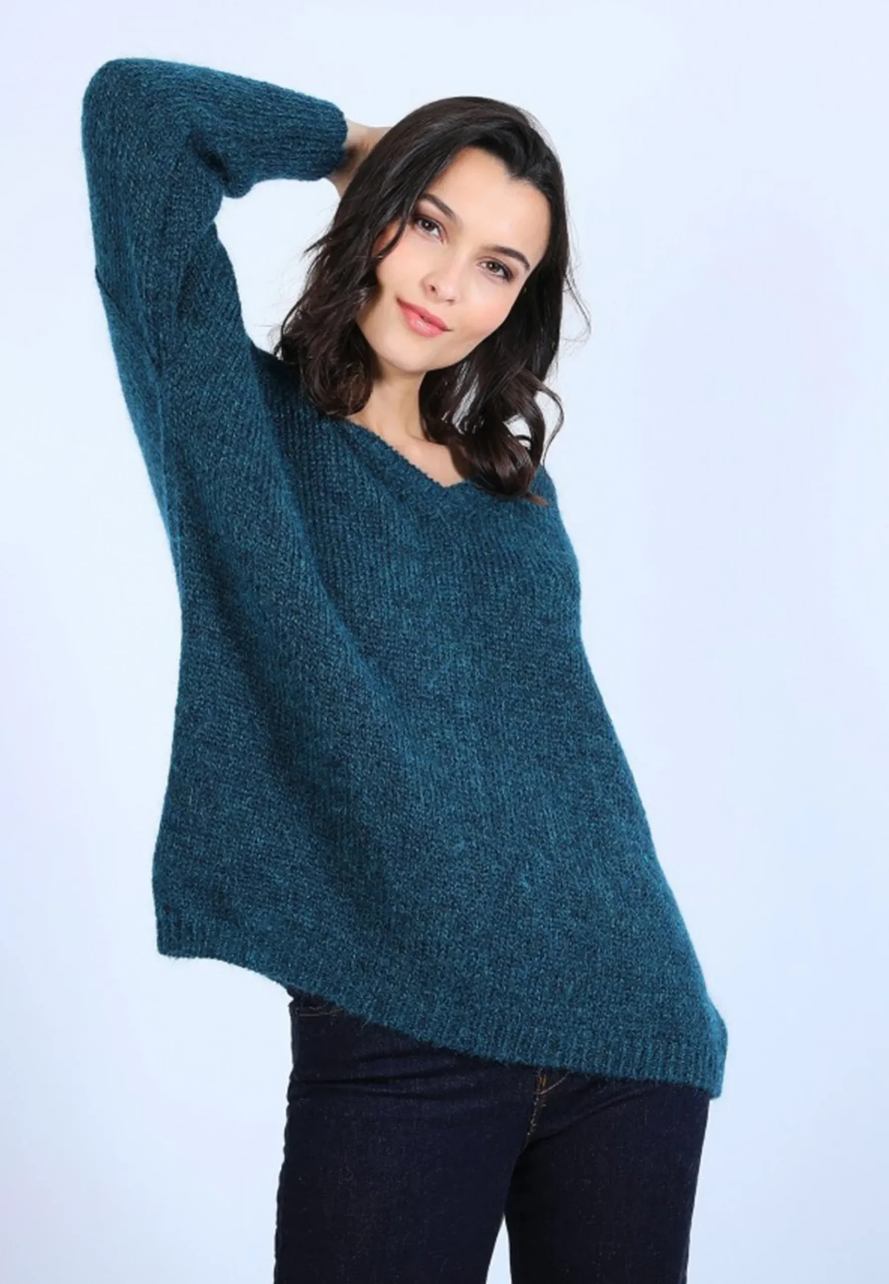 Montagut Pulls-Pull col V avant et arrière en mohair - Simon 84-Bleu pétrole