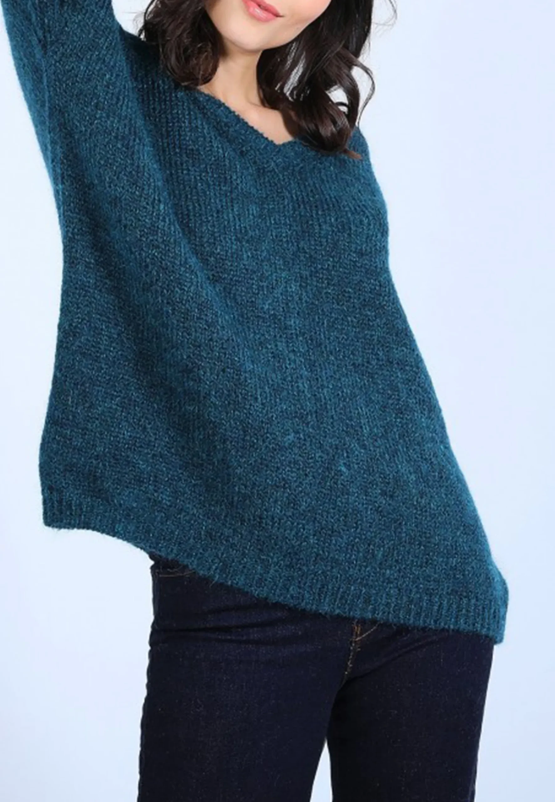 Montagut Pulls-Pull col V avant et arrière en mohair - Simon 84-Bleu pétrole