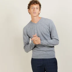 Montagut Pulls-Pull col V en cachemire - Evann 09-Gris moyen