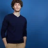 Montagut Pulls-Pull col V en cachemire et lin - Banderas 05-Bleu marine