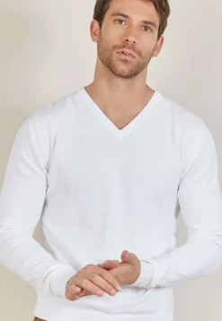 Montagut Pulls-Pull col V en coton naturel - Bouddi 02-Blanc
