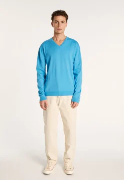 Montagut Pulls-Pull col V en coton naturel - Bouddi 06-Bleu moyen