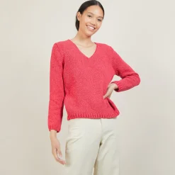 Montagut Les Incontournables-Pull col v en laine et soie - Blovis 26-Rose foncé